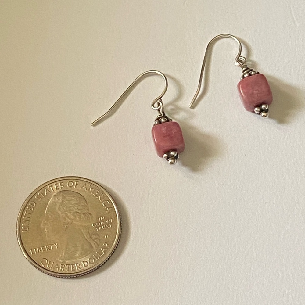 Vintage Sterling Silver Pink Rhodolite Semi Precious Stone Earrings - Picture 3 of 6